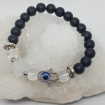 Pulseira Onix, Triangulo Quartzo Cristal e Hamsã 8mm