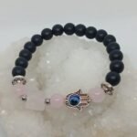 Pulseira Onix, Triangulo Quartzo Rosa e Hamsã 8mm