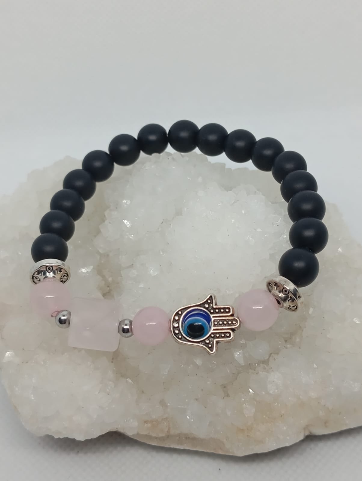 159 Pulseira Onix, Triangulo Quartzo Rosa e Hamsã 8mm - Image 1