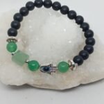 Pulseira Onix, Triangulo Quartzo Verde e Hamsã 8mm